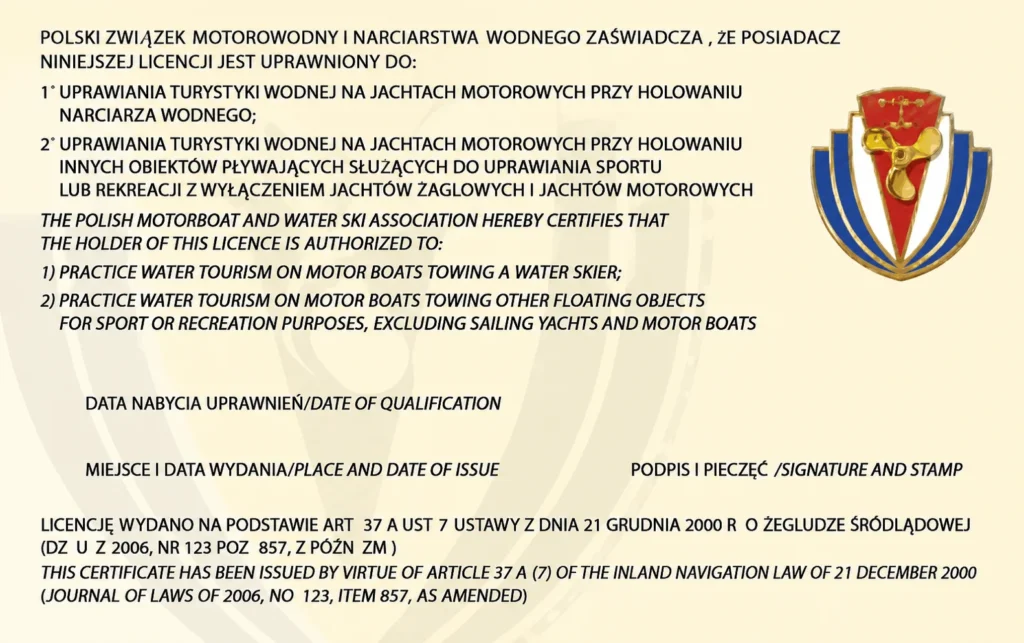 Uprawnienia Licencja Holowania Narciarza Wodnego Innych Obiektow Plywajacych