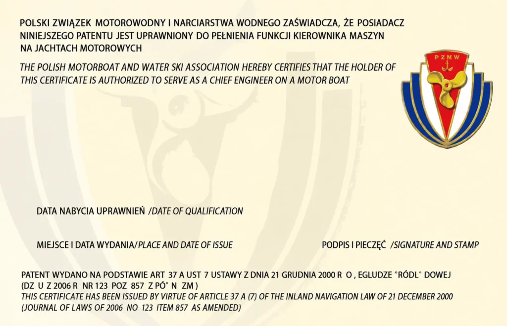 Uprawnienia Patent Mechanika Motorowodnego Pzmwinw